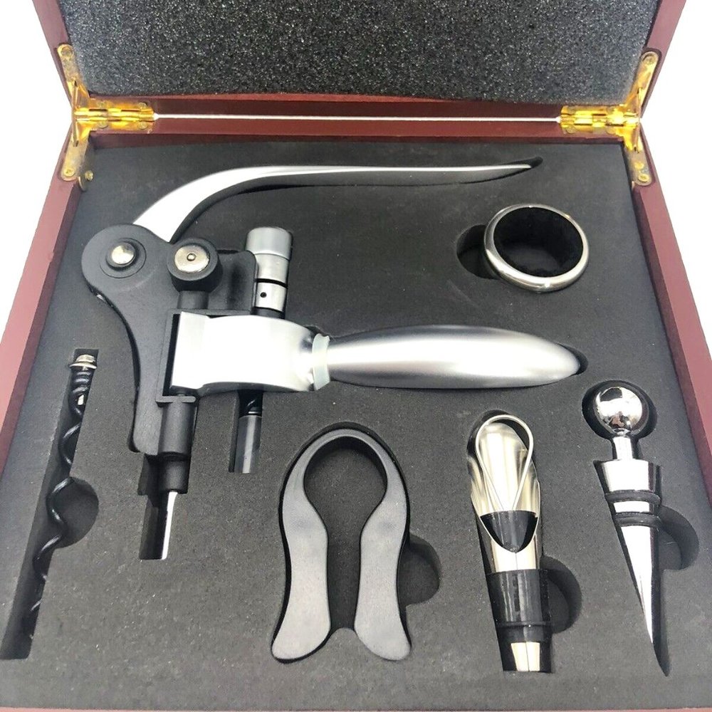 Connoisseurs Deluxe Lever Pull Corkscrew Wine Opener Set in Cherry Wood Box